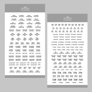 May include: A black and white printable sheet of text-based stickers with phrases like "this is everything", "I'm in love", "did that just happen", "when is it my turn", "that plot twist tho", "I have fallen", "actually in tear's", "and I oop", "new book boyfriend", "excuse me? as if", "I need this", "this is madness".