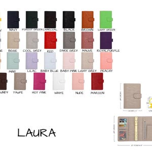 May include: A collection of Laura planners in various colors, including yellow, navy, and red. The image displays the planners closed and open, showcasing the interior design. The dimensions are 13cm x 5.11 inches when closed and 27.7cm x 10.9 inches when open.