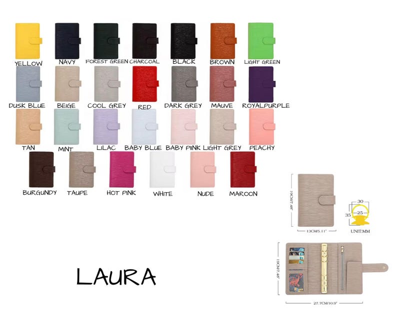 May include: A collection of Laura planners in various colors, including yellow, navy, and red. The image displays the planners closed and open, showcasing the interior design. The dimensions are 13cm x 5.11 inches when closed and 27.7cm x 10.9 inches when open.