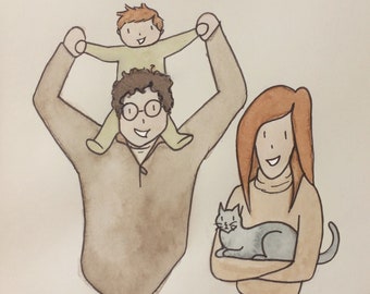 Custom Family Portrait Illustrated Watercolor Drawing Painting