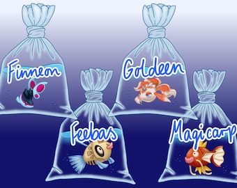 Pode incluir: Quatro sacos plásticos com diferentes Pokémon dentro. Os sacos são etiquetados com "Finneon", "Goldeen", "Feebas" e "Magikarp".