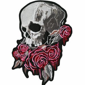 Bleeding Roses Skull Patch 11" | Realistic Halfskull Calavera Skeleton | Embroidered Iron On