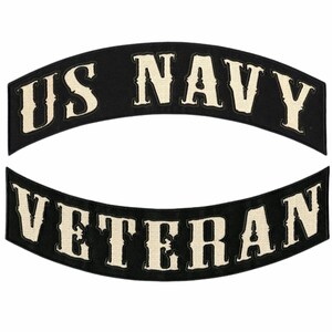 May include: Two curved embroidered patches with black backgrounds and off-white lettering. The top patch reads US NAVY and the bottom patch reads VETERAN. Both patches feature a bold, serif font with a distinct border, designed for attachment.
