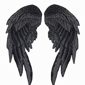 May include: A pair of detailed, black angel wings, embroidered with a textured, feathered design. The wings are symmetrical, with each wing tapering to a point. The background is plain white.