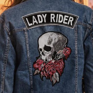 Bleeding Roses Skull & Lady Rider Patch 11" | Realistic Halfskull Calavera Skeleton Top Rocker | Embroidered Iron On