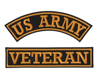 US Army Gold Veteran Rockers Patch Set 12" | Military Embroidered Motorcycle Jacket Applique