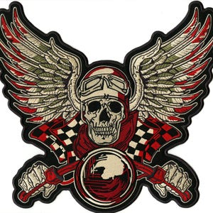 May include: Embroidered patch featuring a skull wearing a racing helmet and goggles, with feathered wings and a checkered flag. The design includes a red and black color scheme, with a motorcycle handlebar and a circular emblem.