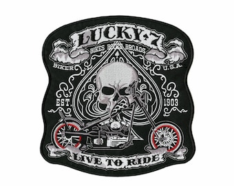 Lucky 7 Skull Motorcycle Patch | Embroidered Biker Emblem (10.5")