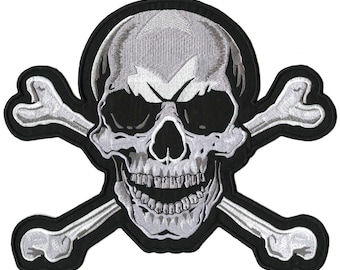 Skull & Crossbones Patch 10.5" | Large Embroidered Iron On, Biker Emblem (10.5" x 9")