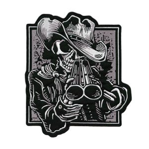 Shotgun Skeleton Patch 12.5" | Double Barrel Realistic Embroidered Skull Biker Cowboy | Iron On, Large