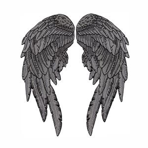 May include: A pair of grey embroidered angel wings, with detailed feather patterns. The wings are symmetrical and set against a white background, suitable for patches or decorative applications.