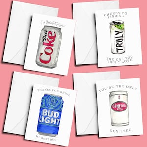 Cartões de felicitações com latas de cerveja e refrigerante