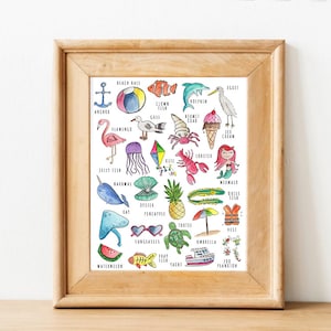 Beach/Ocean Alphabet/ABC Watercolor Illustration Poster