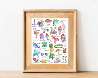 Strand/Oceaan Alfabet/ABC Aquarel Illustratie Poster