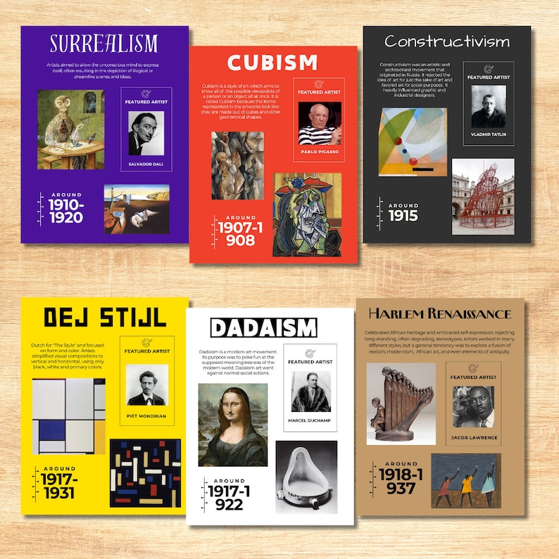 May include: A colourful infographic poster with text and images illustrating different art movements. The movements include Surrealism, Cubism, De Stijl, Dadaism, Constructivism, and Harlem Renaissance. Each movement has a featured artist and a brief description.