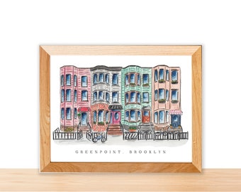 Watercolor Illustration Print: Greenpoint, Brooklyn Pastel Row Houses