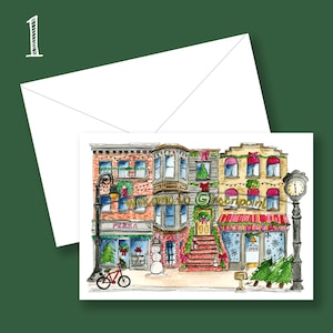 Greenpoint, Brooklyn, kartka świąteczna; ręcznie malowana akwarelami ilustracja