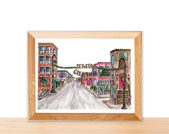 Watercolor Illustration Print: Greenpoint Holiday Decorations, Brooklyn, NY