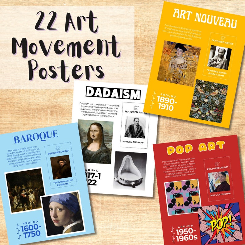 May include: A set of 22 colourful posters featuring different art movements, including Dadaism, Art Nouveau, Baroque, and Pop Art. Each poster includes the name of the movement, a brief description, the approximate time period, and a featured artist.