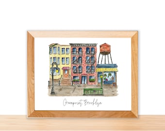 Watercolor Illustration Print: Greenpoint, Brooklyn Pastel Row Houses