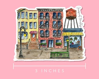 Sticker: Greenpoint, BK Houses Watercolor Illustration