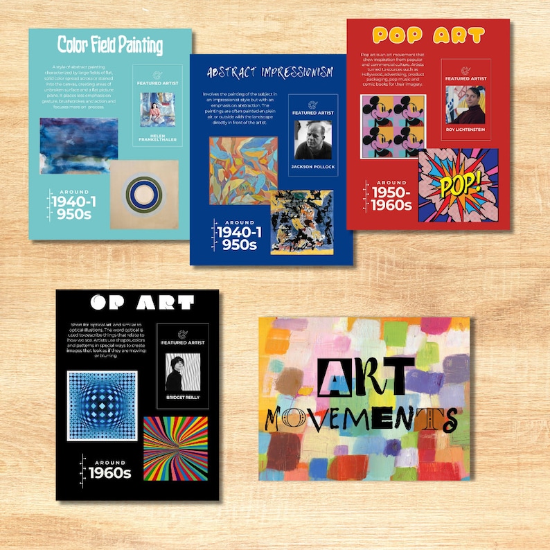 May include: A colourful infographic about different art movements, including Color Field Painting, Abstract Impressionism, Pop Art, and Op Art. Each section features a featured artist, a brief description of the movement, and the approximate time period it was popular.