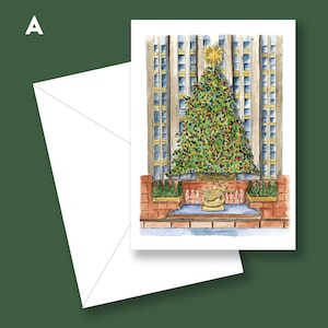 NYC Rockefeller Center Weihnachtsbaum Aquarell Illustration Weihnachtskarte; Handgemalte Aquarell Illustration