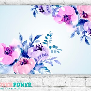 May include: Watercolor painting of pink and purple flowers with blue leaves on a light blue background.
