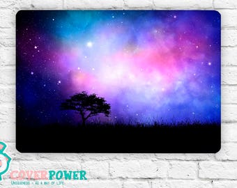 May include: A digital illustration of a dark silhouette of a tree in front of a purple, blue, and pink nebula with stars.
