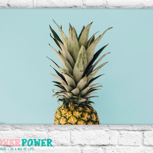 May include: A close-up of a pineapple with green leaves against a light blue background.