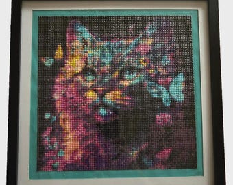 Diamond Art Painting Cat Butterflies Wall Hanging - Sealed/Wood Frame