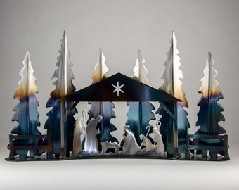 metal nativity, modern nativity, minimalist christmas centerpiece, christmas fireplace decor, unique christmas decorations, fir trees