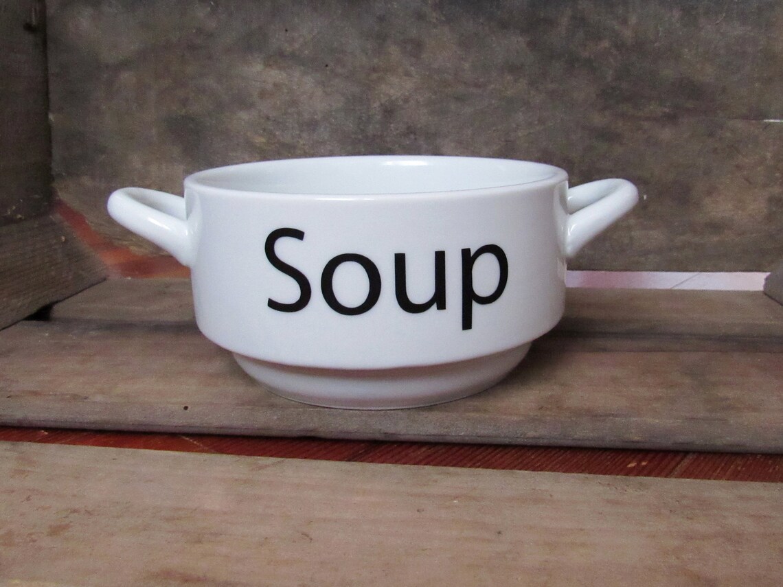 White Porcelain Soup Bowl With Handles Black Vinyl Etsy