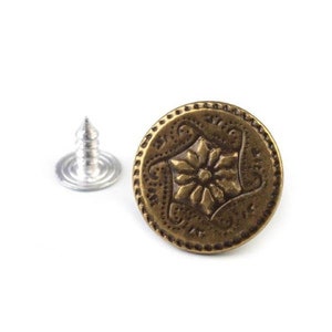 Botón de jeans de cobre, botones vendidos en paquetes de 5, botones de tachuelas para jeans de 17 mm, botones de jeans clásicos, botones de metal con grabado de flores