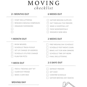 Könnte beinhalten: Eine druckbare Checkliste für den Umzug, mit einer Haus- und Herzillustration am unteren Rand. Die Checkliste ist in Abschnitte für mehr als 2 Monate, 6 Wochen, 1 Monat, 2 Wochen, 1 Woche und 2-3 Tage unterteilt. Jeder Abschnitt enthält eine Liste von Aufgaben, die zu erledigen sind.