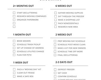 Könnte beinhalten: Eine druckbare Checkliste für den Umzug, mit einer Haus- und Herzillustration am unteren Rand. Die Checkliste ist in Abschnitte für mehr als 2 Monate, 6 Wochen, 1 Monat, 2 Wochen, 1 Woche und 2-3 Tage unterteilt. Jeder Abschnitt enthält eine Liste von Aufgaben, die zu erledigen sind.