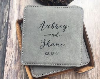 Engraved Couple Coaster Set With Holder Leatherette Coasters 3rd Anniversary Gift Personalized Coasters With Names