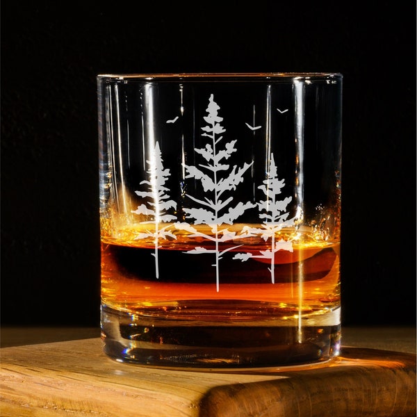 Sandblasted Glass With Trees, Father's Day Whiskey Rocks Glass, Countryside Cup, Nature Theme, Scotch Bourbon Glass, Beer Can, Pint or Wine