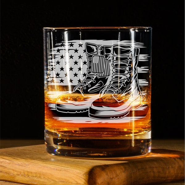 Military Soldier Whiskey Glass With Boots And Flag, Veteran Retirement Gift, Scotch or Bourbon Glass, Beer Can Glass, Pint, Wine, Low Ball