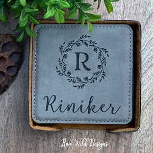 Engraved Coaster Set Leatherette Coasters Personalized Family Gift 3rd Anniversary Gift Monogrammed Coaster Set Housewarming Gift