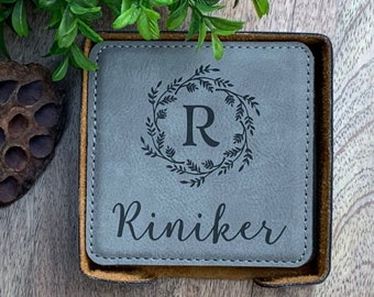 Engraved Coaster Set Leatherette Coasters Personalized Family Gift 3rd Anniversary Gift Monogrammed Coaster Set Housewarming Gift