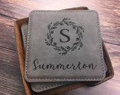 Engraved Coaster Set Leatherette Coasters Personalized Family Gift 3rd Anniversary Gift Monogrammed Coaster Set Housewarming Gift