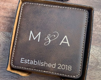 Personalized Engraved Coaster Set Faux Leather Coasters 3rd Anniversary Gift Set Of 6 With Holder Square Coasters With Engraved Initials