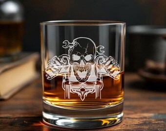 Motorcycle Skull Whiskey Glass, Skull Low Ball Glass, Motorcycle Barware, Pint Beer