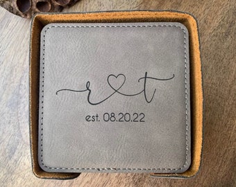 Coasters With Initials, 3rd Anniversary Coasters, Leatherette Coaster Set, Traditional Anniversary Gift, Leather Anniversary Gift For Couple