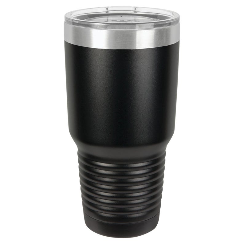May include: A black insulated tumbler with a clear lid and a silver rim. The tumbler has a matte finish and a ridged design near the base. This reusable drinkware is designed to keep beverages cold or hot.