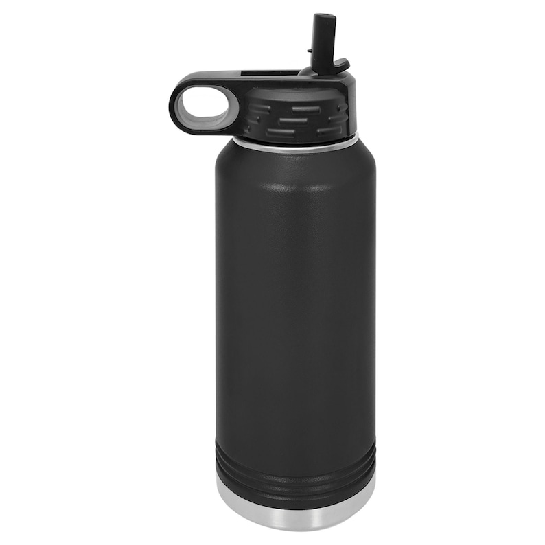 May include: A black insulated water bottle with a black lid and a gray handle. The bottle has a silver base and a black straw. The bottle is designed to keep drinks cold for hours.