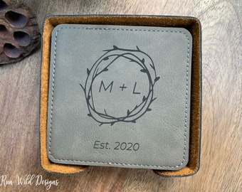 Engraved Coaster Set With Holder Rustic Design Cabin Coasters 3rd Anniversary Gift Personalized Coasters With Initials and Year