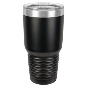 May include: A black stainless steel tumbler with a silver lid. The tumbler has a textured, ribbed design on the bottom half.