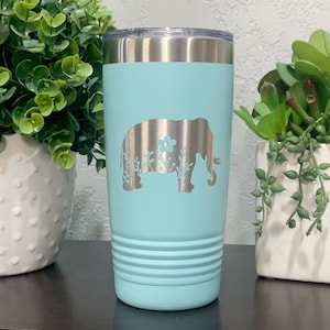 Engraved Elephant Tumbler, Flower Elephant Travel Mug, 20oz Insulated, Elephant Coffee Mug, Elephant Gifts For Women, Gift For Mom